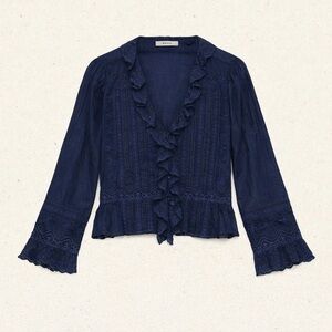 Doen Eldoris Lace Organic Cotton Blouse in Adriatic Navy Blue Small